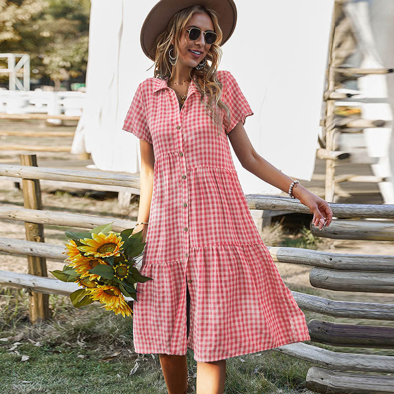 Women's Casual Plaid Single Breasted Lapel Short Sleeve Midi Dress