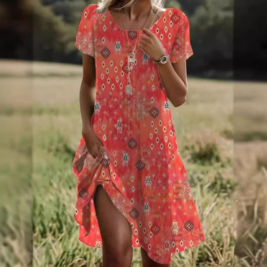 Summer Boho Ethnic Geometric Print Midi Dress, Women Casual