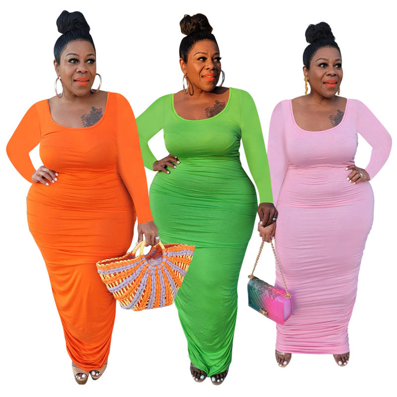 Women's Plus Size U-Neck Long Sleeve Tight Maxi Dress