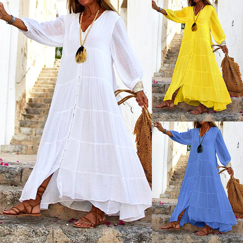 Women's Summer Solid Color Bohemian V-Neck Long Sleeve Cotton Linen Maxi Dress