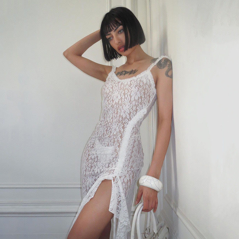 Women's Sexy Halter Lace Perspective Split Dress