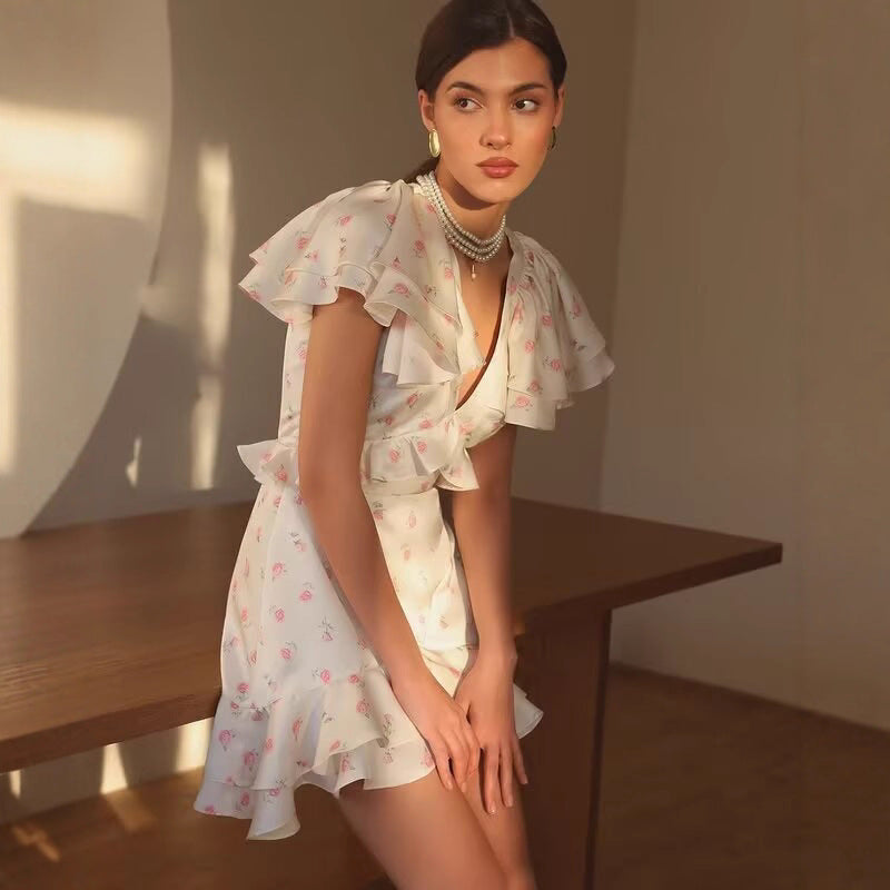 Women's Summer Tiny Flower Print Ruffled V-Neck Mini Floral Dress