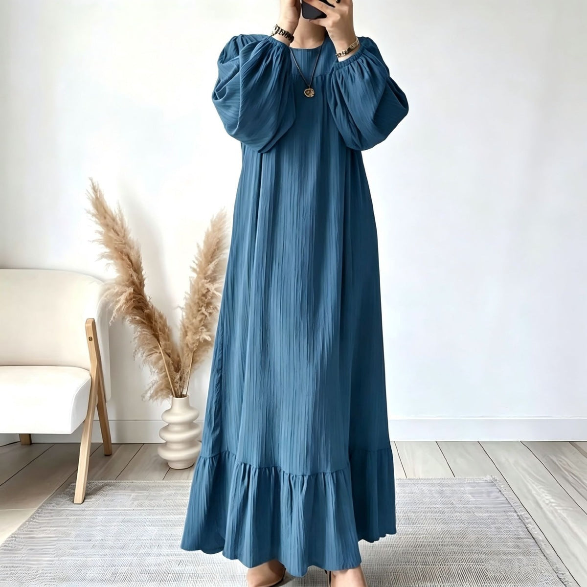 Women's Spring and Solid Color Round Neck Long Sleeve Long Ruffled Hem Dress