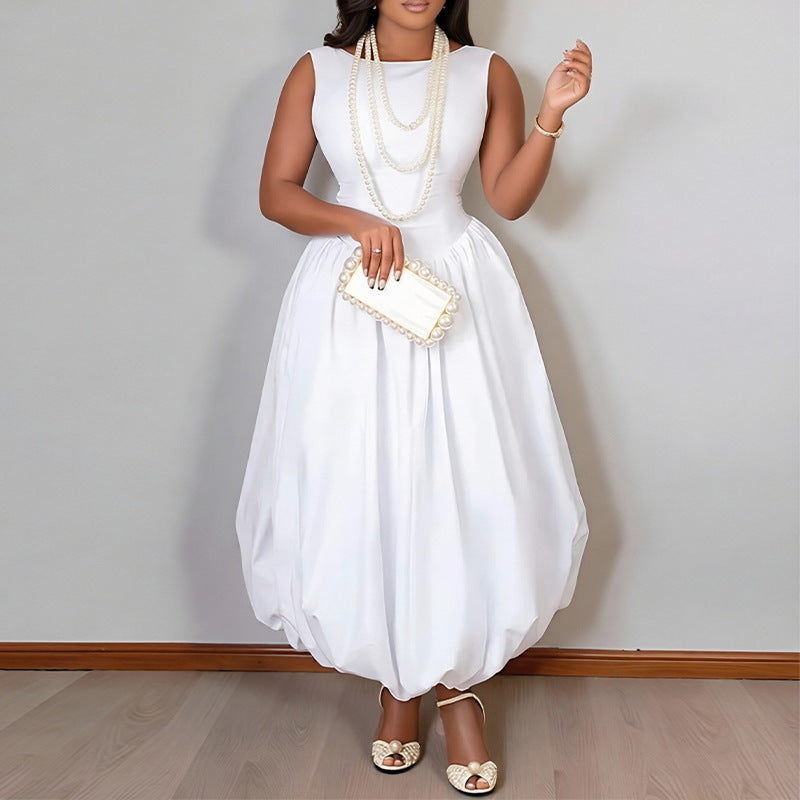 Women's Casual Summer Solid Color Sleeveless Tight Waist Stitching A-Line Dress