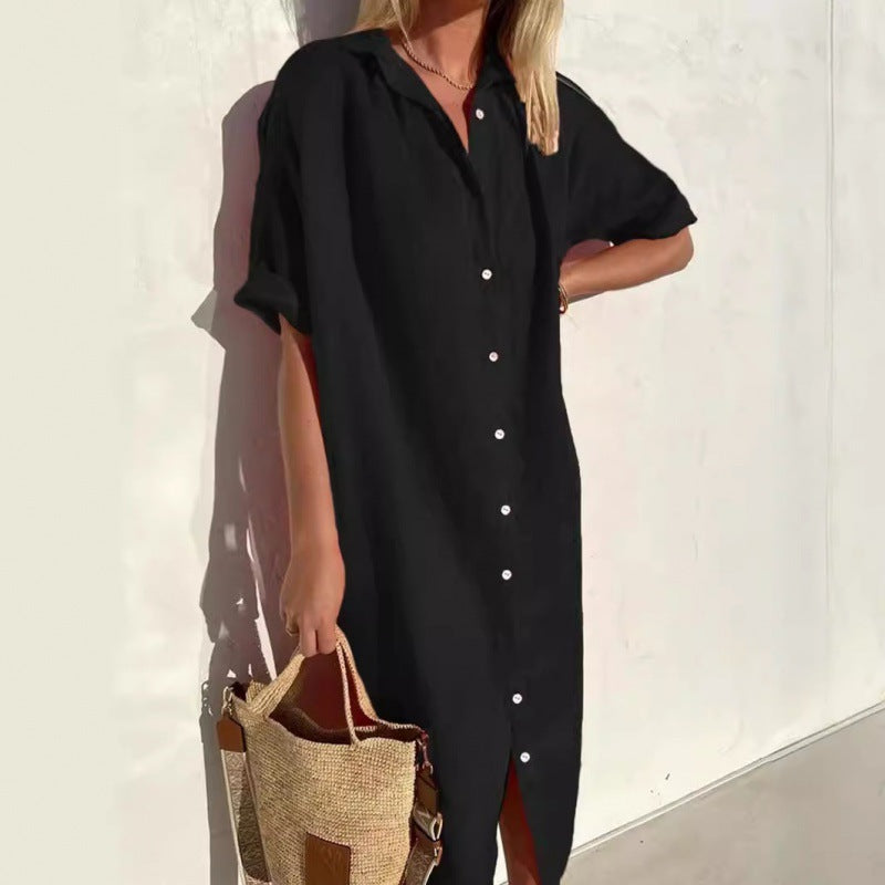 Women's Casual Cotton Linen Solid Color Short Sleeve Lapel Pocket Midi Dress