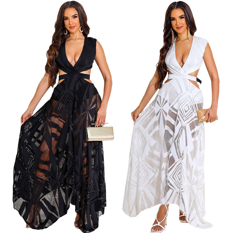 Women's Summer Elegant Vacation V-Neck Backless Bandage Solid Color Maxi Dress