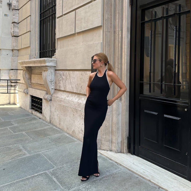 Women's Sexy Halter Neck Crewneck Knit Split Backless Maxi Dress