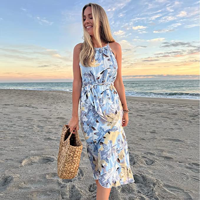 Women's Casual Floral Print Ruffled Halter Dress