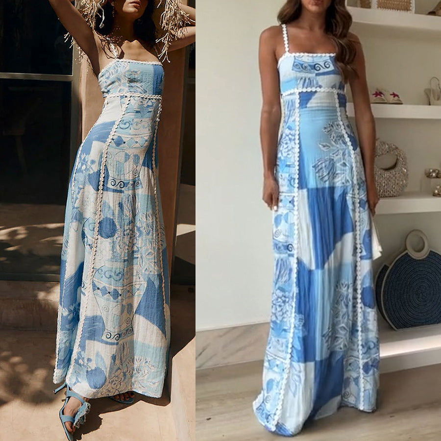 Women's Vacation Loose Print Maxi Sling Dress