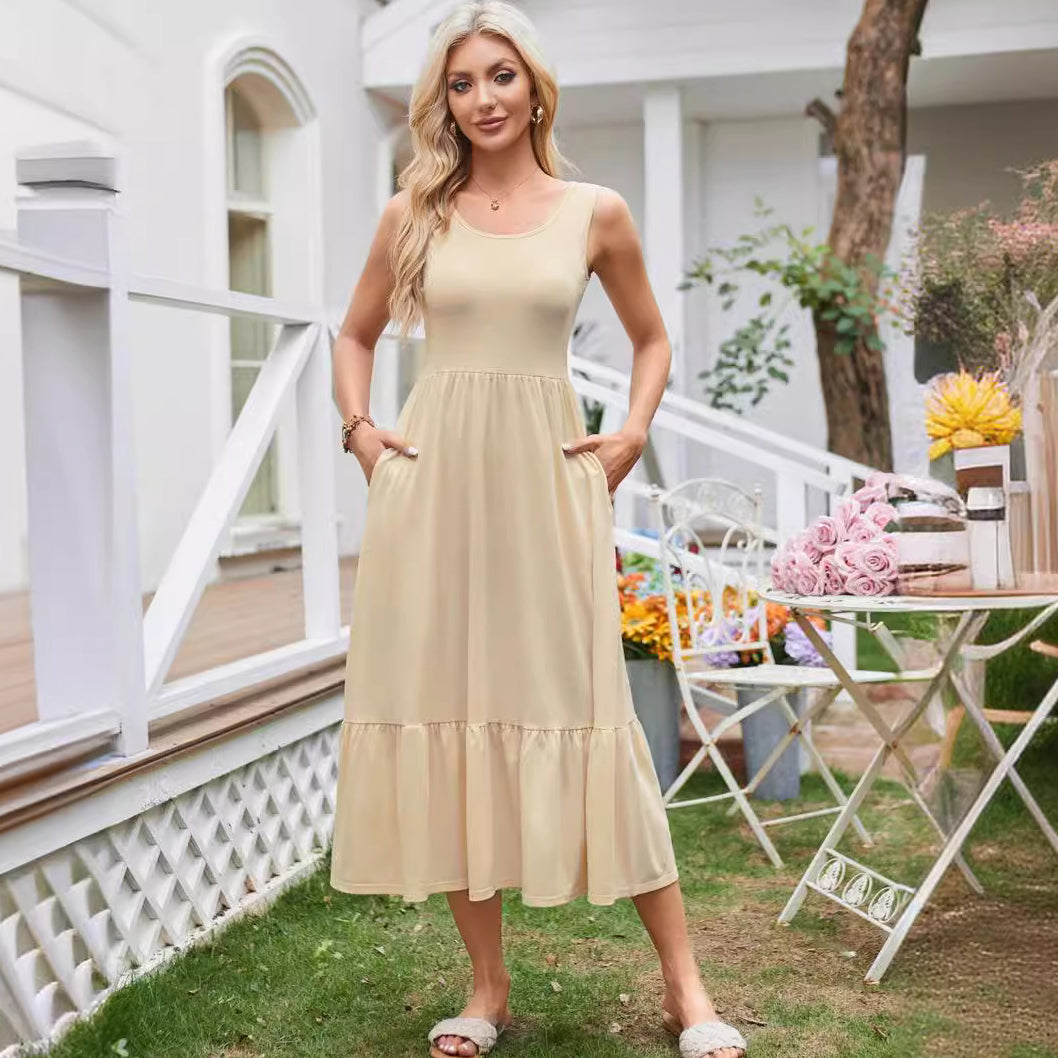 Women's Casual Square Collar Pleated Sleeveless Midi Vest Dress