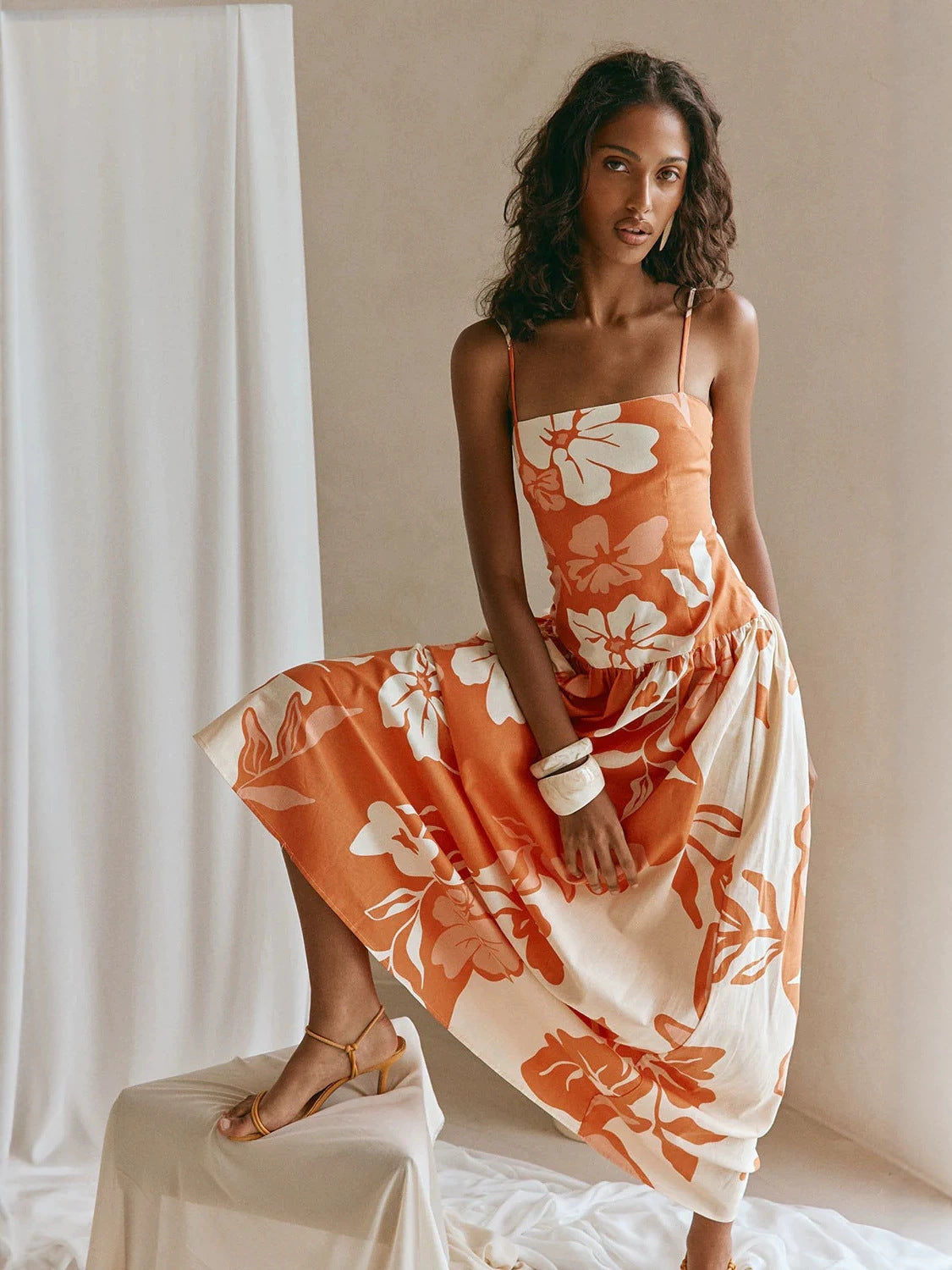 Women's Sexy Summer Floral-Print Spaghetti Straps Slim-Neck Dress