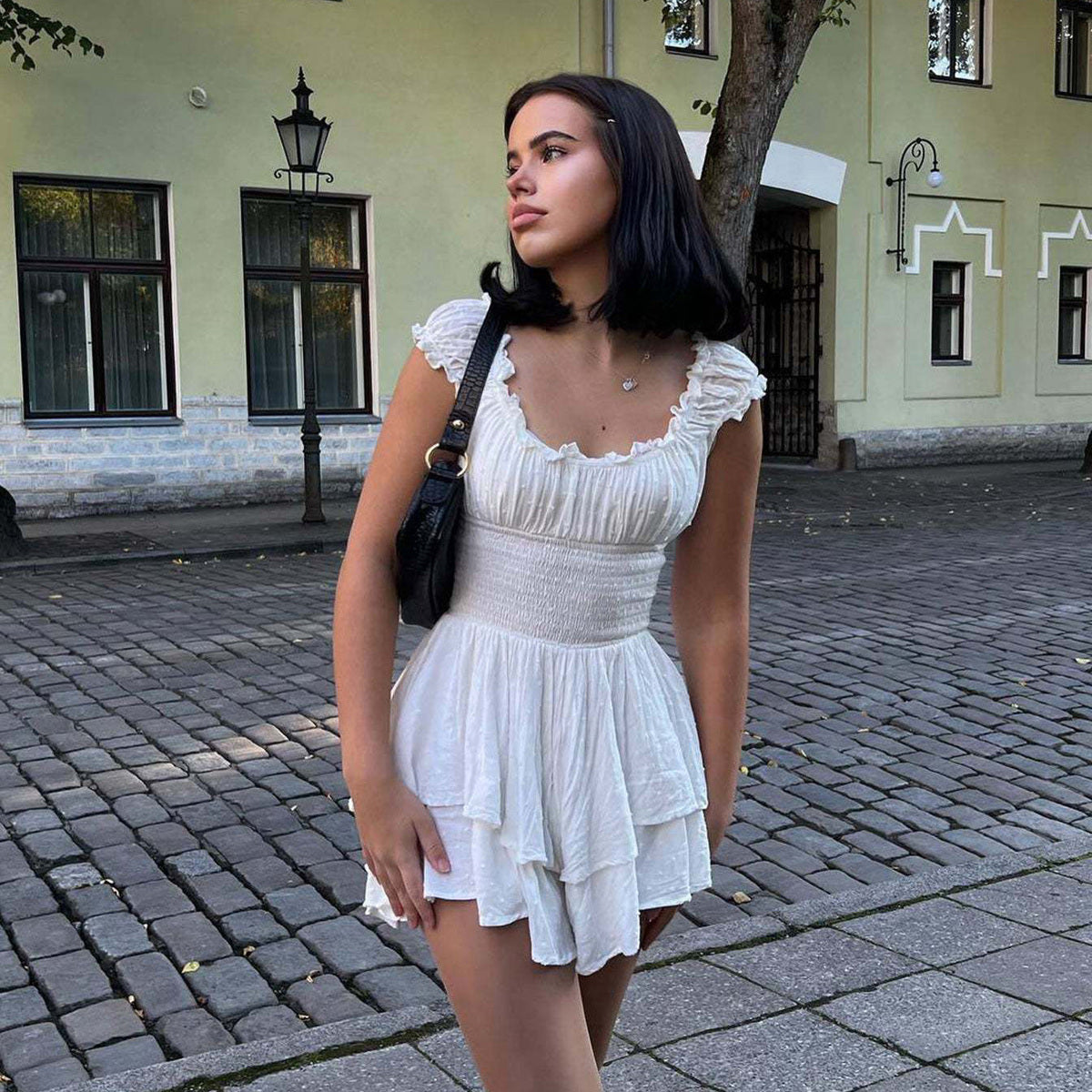Women's Solid Color Cotton and Linen Short Sleeve Off-Shoulder Tight Waist Dress