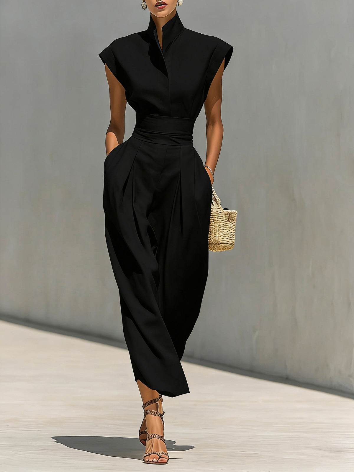 Women's Spring and Office Solid Color High Collar Sleeveless Tight Waist Dress