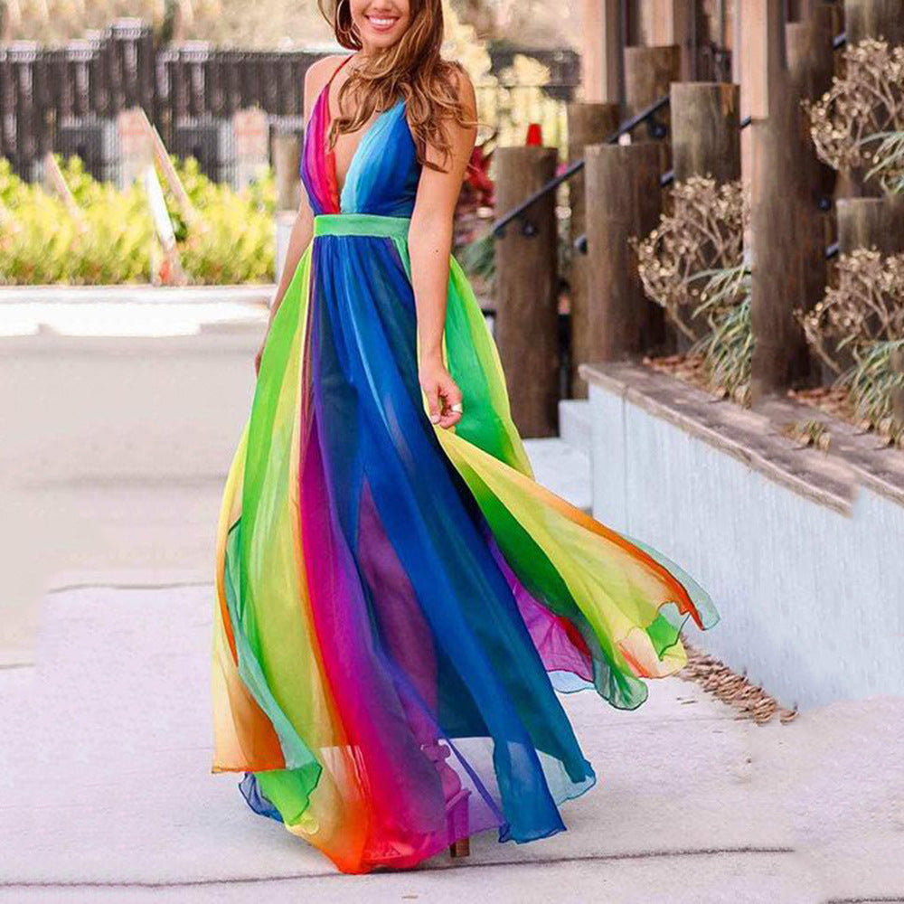 Women's Multicolor Print V-Neck Sling Chiffon Maxi Dress