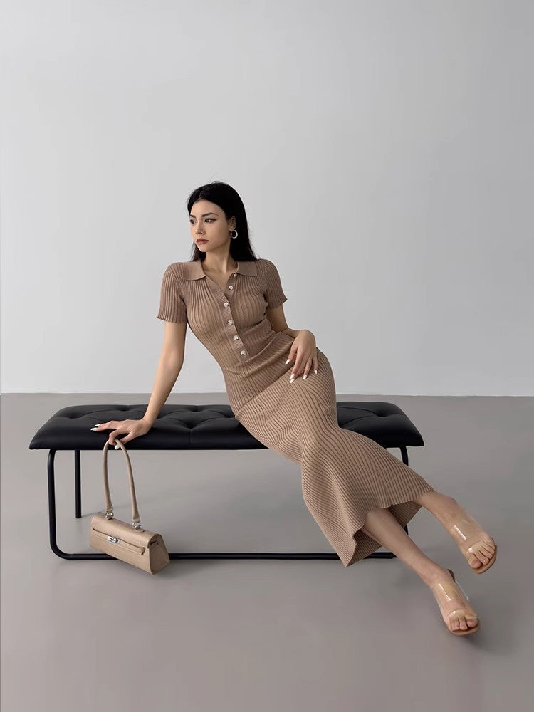 Women's Elegant Slim-Fit Tight Lapel Short Sleeve Knitted Maxi Dress