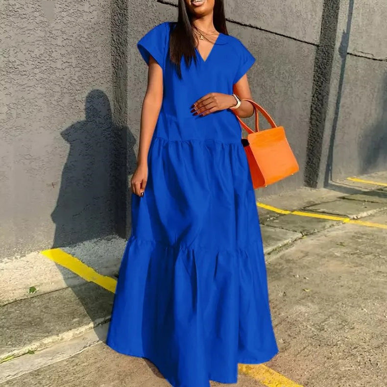 Women's Casual Solid Color V-Neck Short Sleeve Maxi Dress