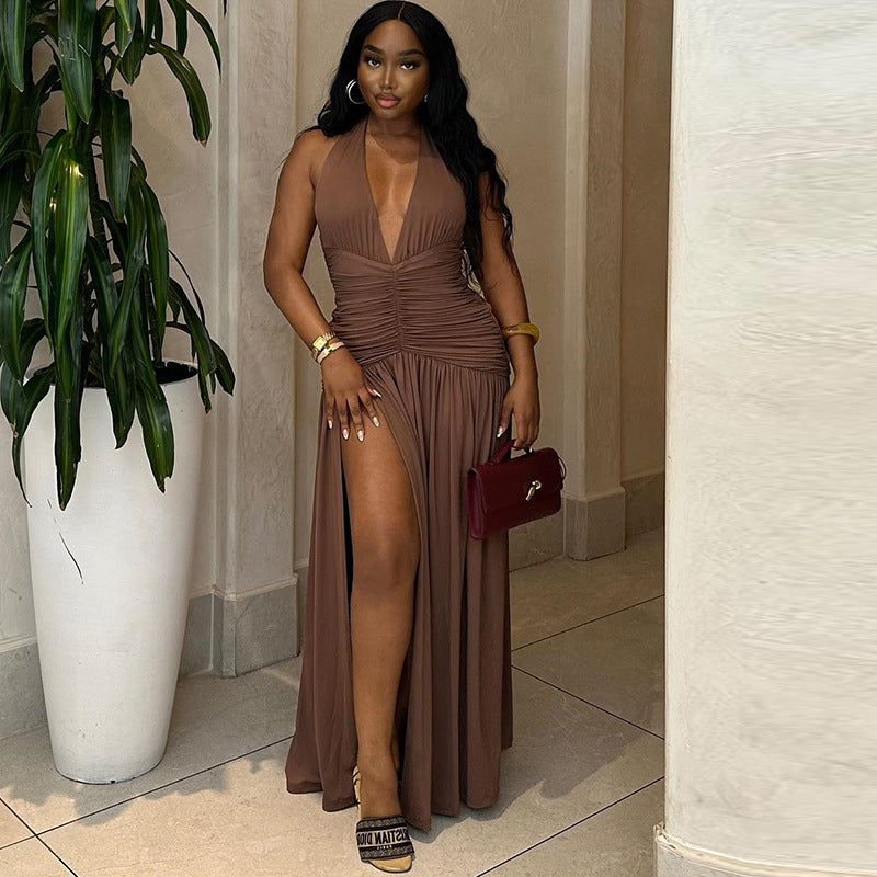 Women's Sexy Solid Color Deep V-Neck Sleeveless Pleated Split Midi Dress