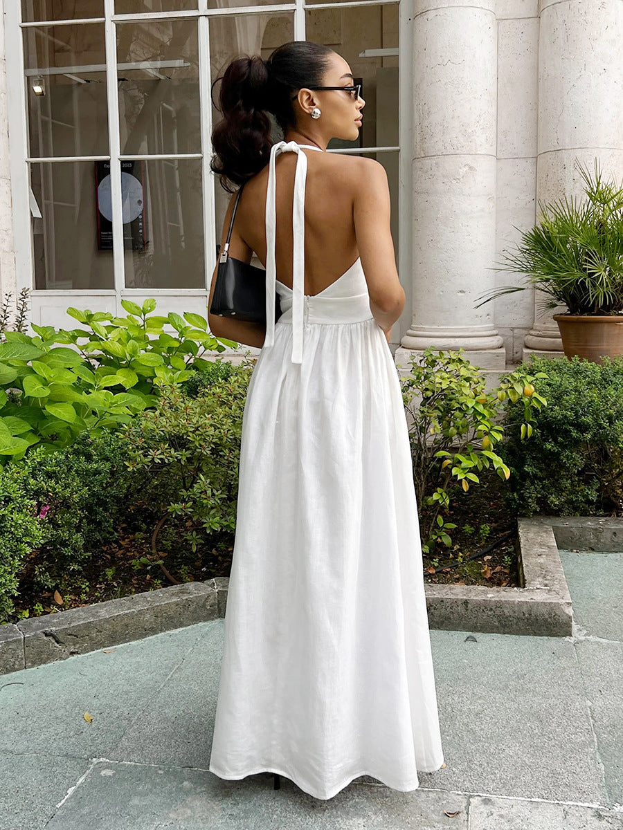Women's Solid Color Cotton and Halter-Neck V-Neck Tight Waist Strap A-Line Dress