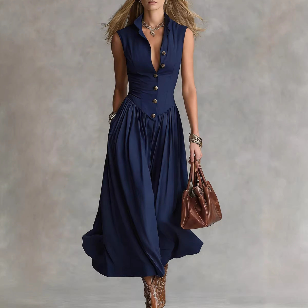 Women's Elegant Spring Solid Color Lapel Sleeveless A-Line Dress