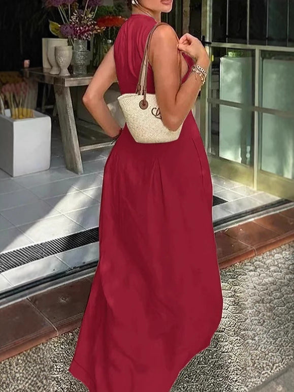 Women's Casual Summer Solid Color Sleeveless Zipper Long A-Line Dress