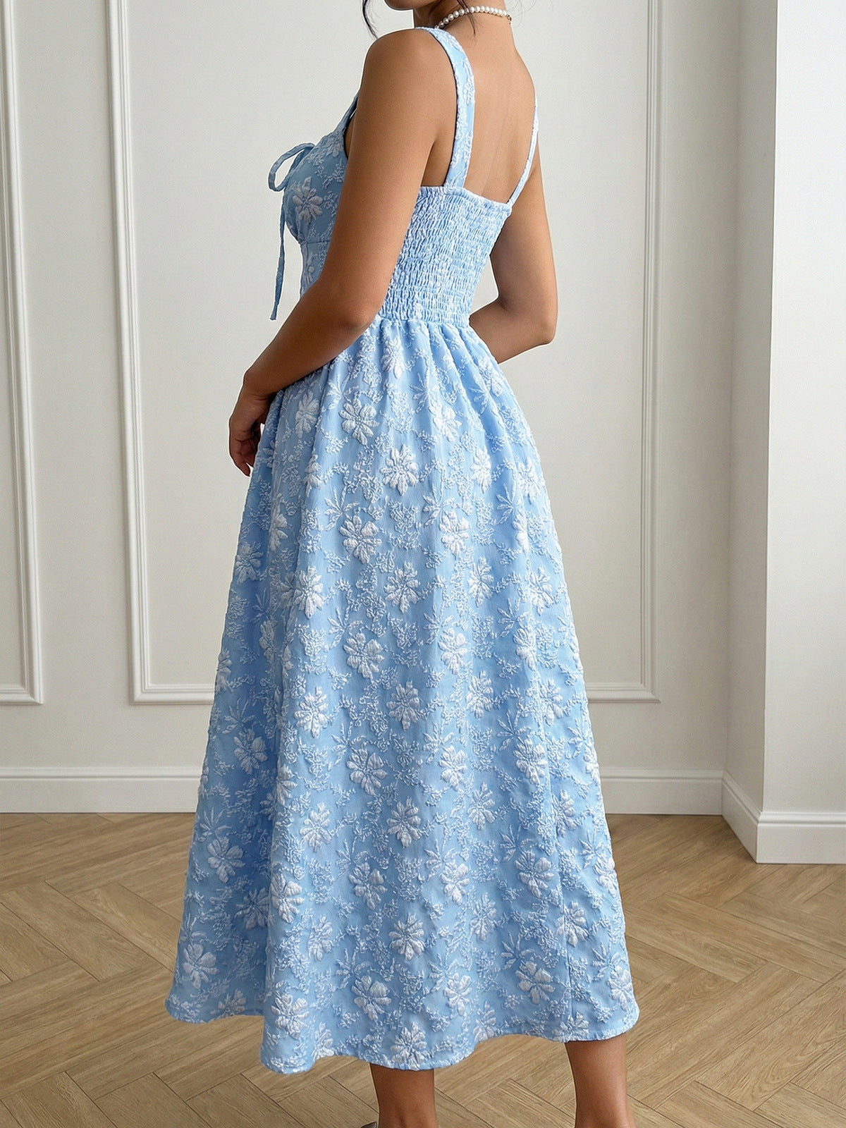 Women's Elegant Summer Blue Jacquard Square Neck Sleeveless Dress