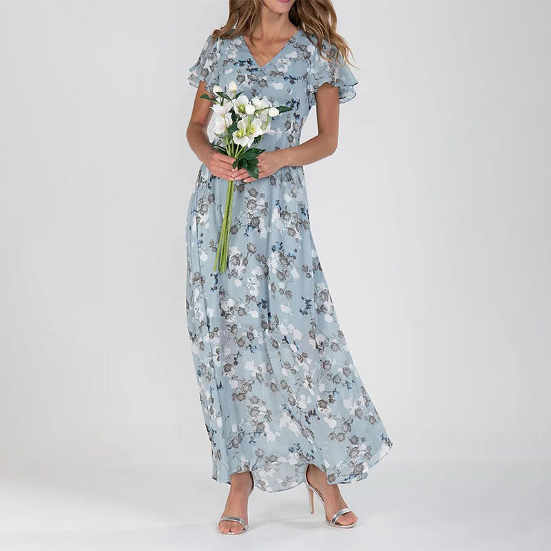 Women's Casual Flower Printed Chiffon V-Neck Short Sleeve Ruffled Maxi Dress