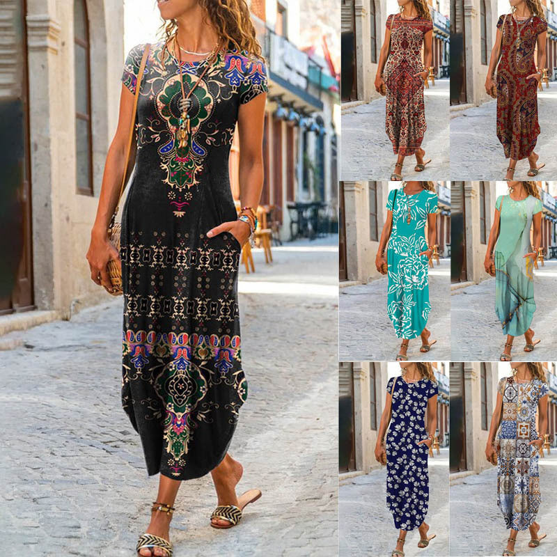 Women's Casual Geometric Floral Print Round Neck Short Sleeve Maxi Dress