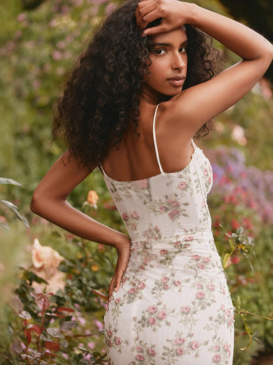 Women's Sexy Summer Flower Printed Spaghetti Strap Slim-Fit Lace Dress