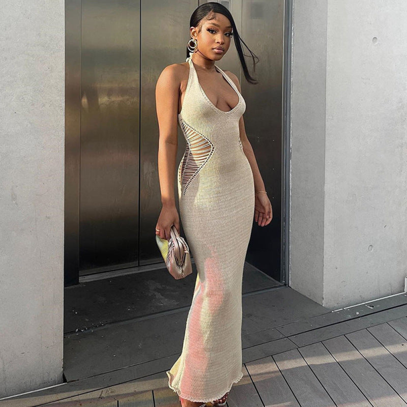 Women's Sexy Hollow Halter Neck Backless Knit Long Dress