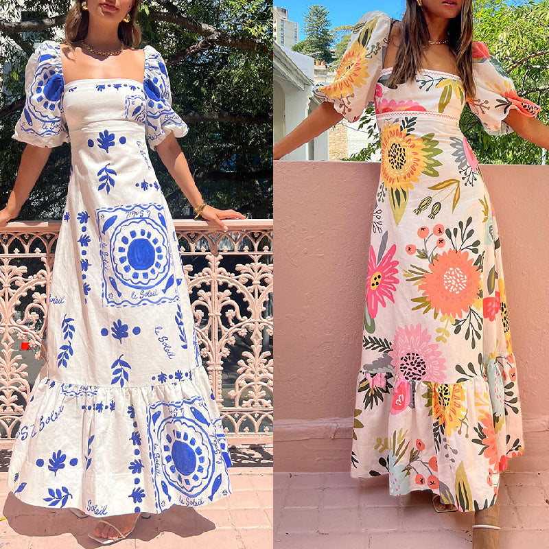 Women's Casual Square Collar Floral Print Maxi Dress