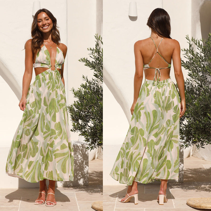 Women's Vacation V-Neck Backless Lace-Up Printed Maxi Dress