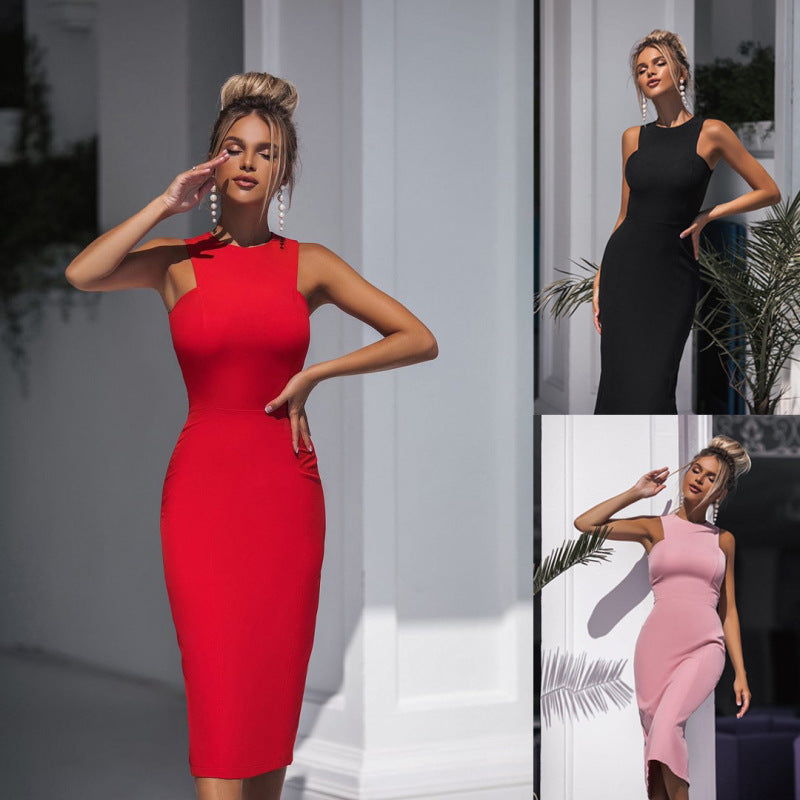 Summer Sexy Slim Fit Solid Color Sleeveless Basic Midi Bodycon Dress