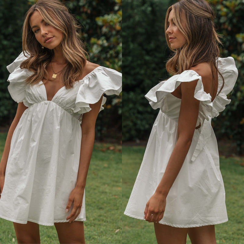 Women's Summer Vacation V-Neck Ruffle Sleeve Solid Color Mini Dress