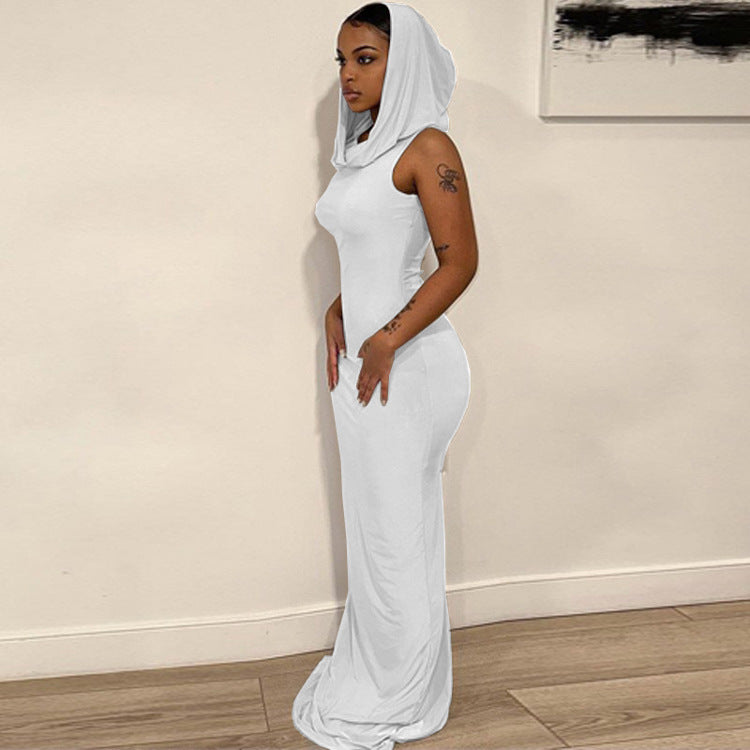 Women's Casual Solid Color Hooded Elastic Sleeveless Slim Maxi Dress