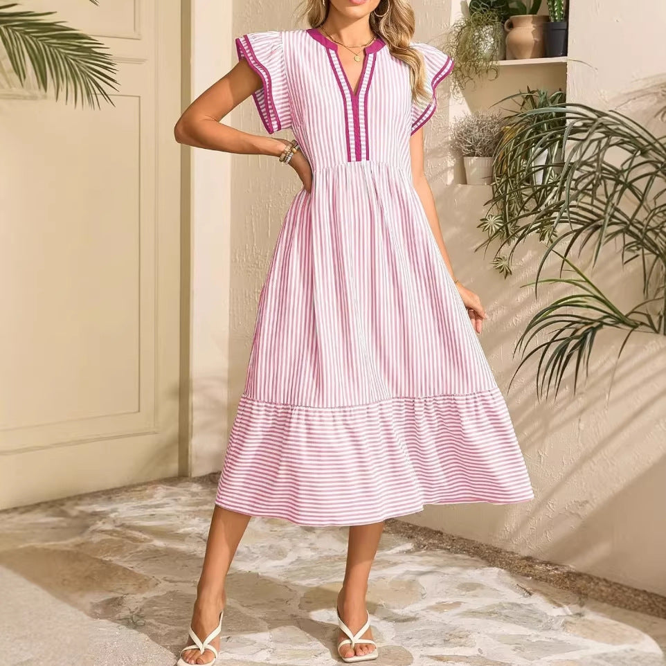 Women's Casual Stripe Ruffled V-Neck Short Sleeve Loose Dress