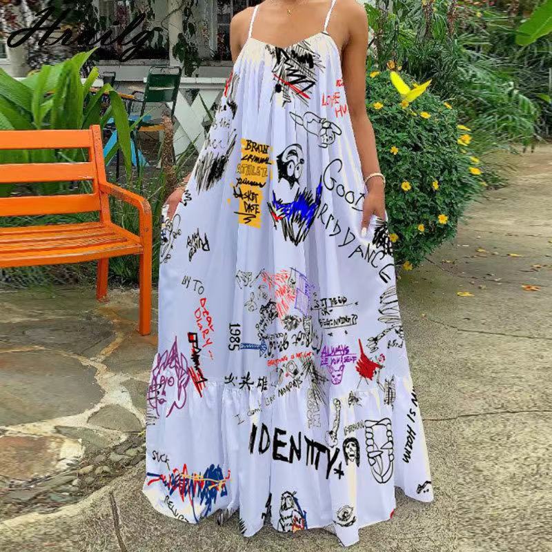 Women's Summer Casual Vintage Graffiti Print Sling Maxi Dress