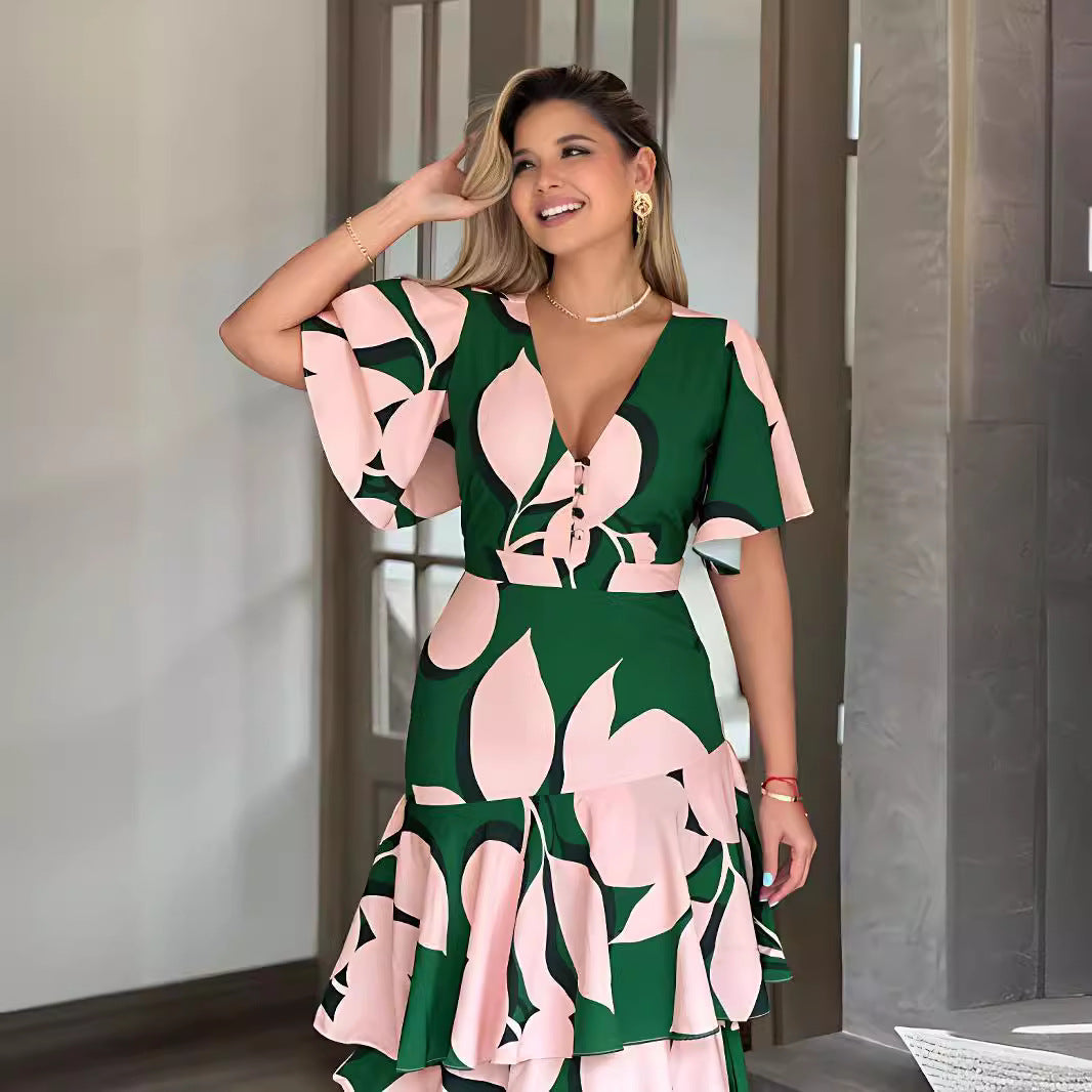Women's Casual Summer Irregular Printed V-Neck Short Sleeve Button Dress