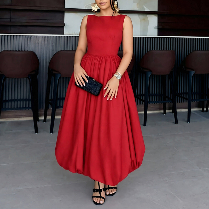 Women's Casual Summer Solid Color Sleeveless Tight Waist Stitching A-Line Dress