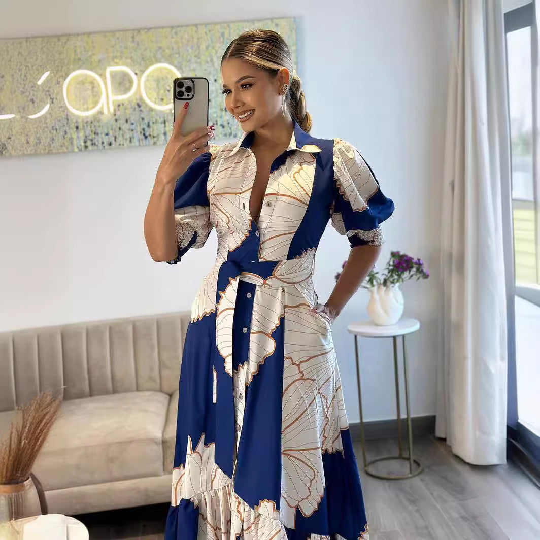 Women's Summer Print Lapel Short Sleeve Irregular Maxi Dress