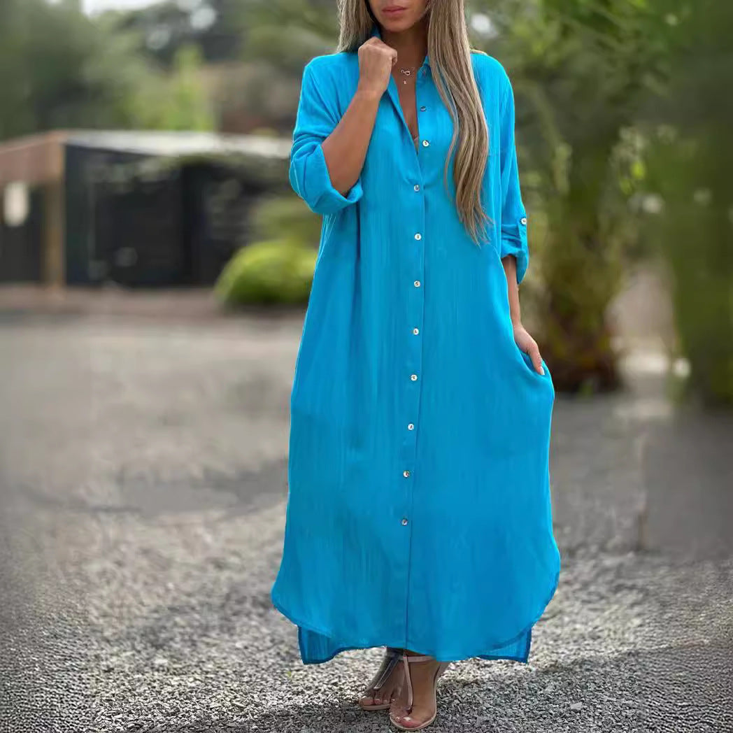 Women's Casual Cotton Linen A-Line Maxi Dress, Long Sleeve