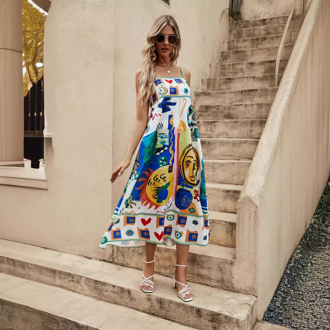Women's Summer Casual Graffiti Print Sling Dress
