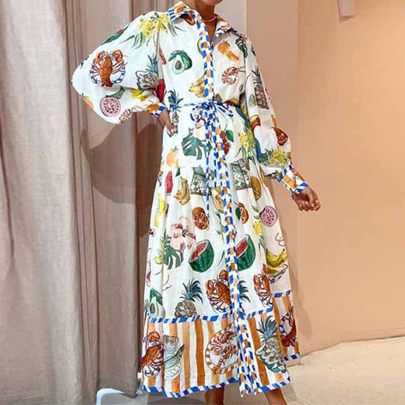Women's Casual Fruit Floral Printed V-Neck Lantern Sleeve Midi Dress