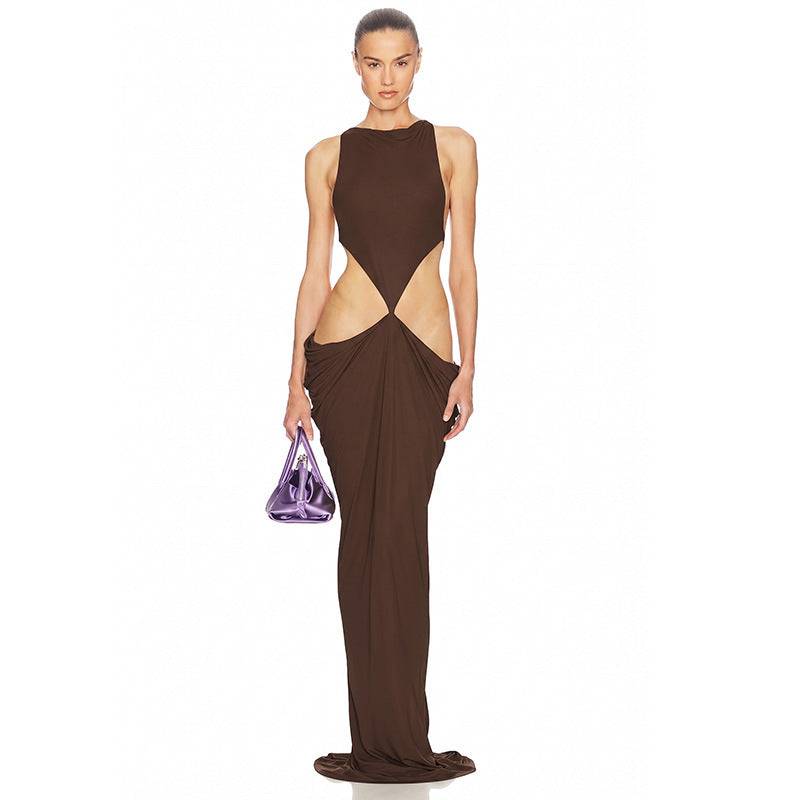 Women's Solid Color Sleeveless Strap Hollow-Out Backless Pleated Fit Dress