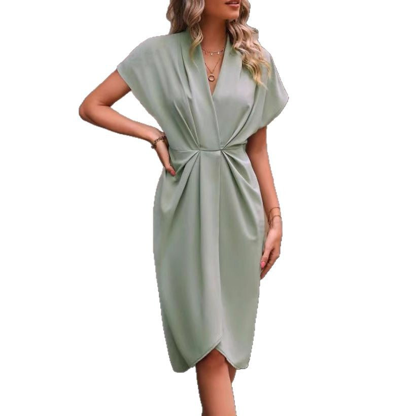 Women's Casual Solid Color V-Neck Irregular Short Sleeve Dress