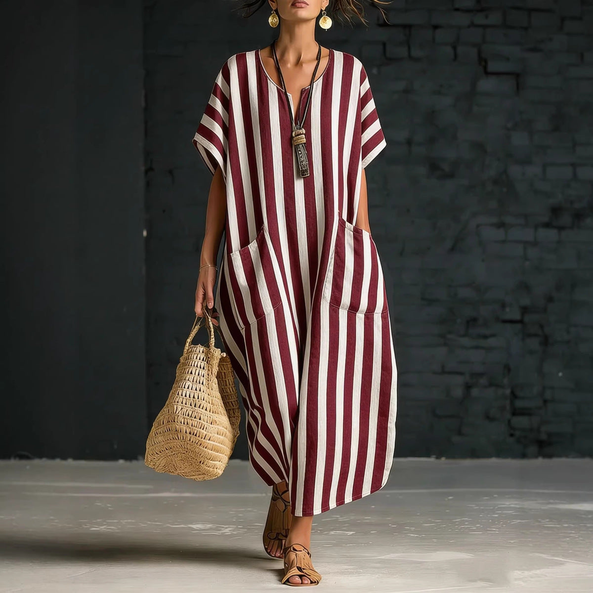 Women's Casual Stripe Print V-Neck Short Sleeve Pockets Loose Dress