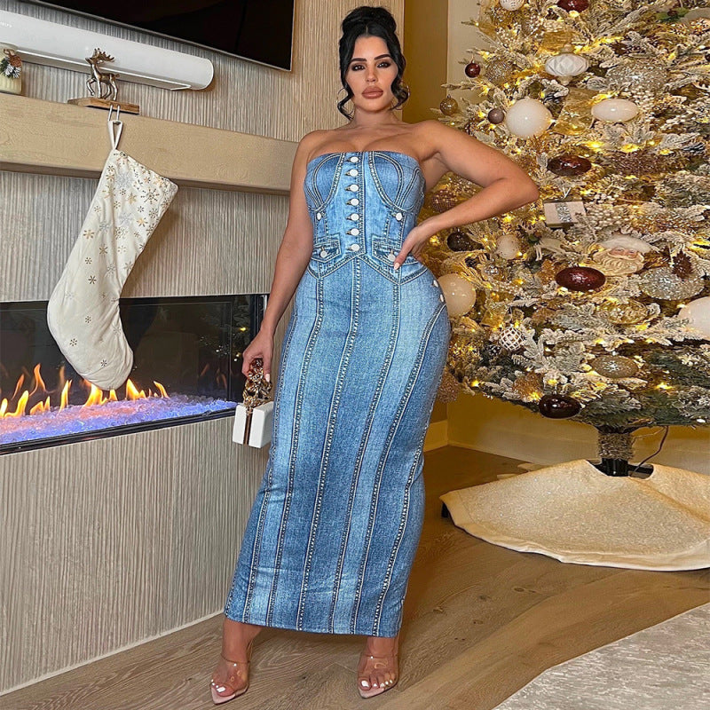 Women's Summer Strapless Denim Pattern Printed Split Maxi Dress