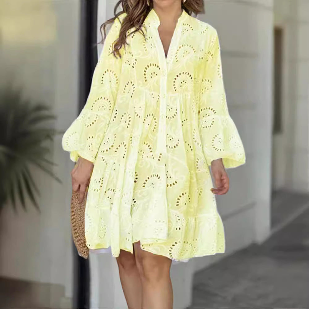 Women's Casual Cotton Princess Dress V-Neck Hollow Midi Dress