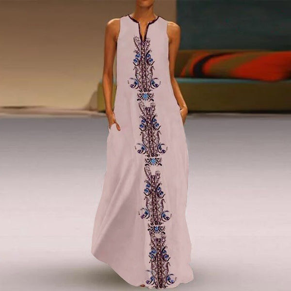 Women's Vintage Boho Print Sleeveless V-Neck Loose Casual Maxi Dress