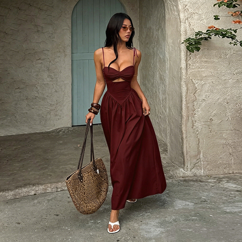 Women's Summer Solid Color Hollow-Out Spaghetti Strap Tight Waist A-Line Dress