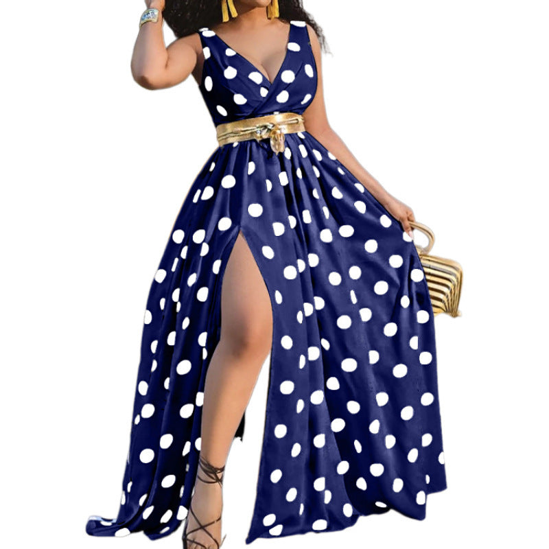 Women's Polka Dot Printed Defined Waist Sexy Side-Slit Maxi Dress